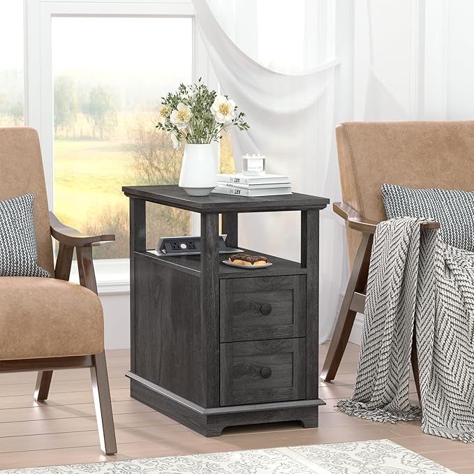 HIFYOBRO End Table with 2 Drawers, Storage Side Table with Flip Top Fast Charging Station, Type-C & USB port & Power outlets, Wooden Storage Cabinet for Living Room and Bedroom - LeafyLoom
