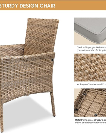 YIYAN 3 Pieces Patio Bistro Set Outdoor Wicker Furniture Outdoor Porch PE Rattan Wicker Chairs Furniture Sets with Sofa Chairs,Glass Coffee Table and Gray Washable Cushion - LeafyLoom