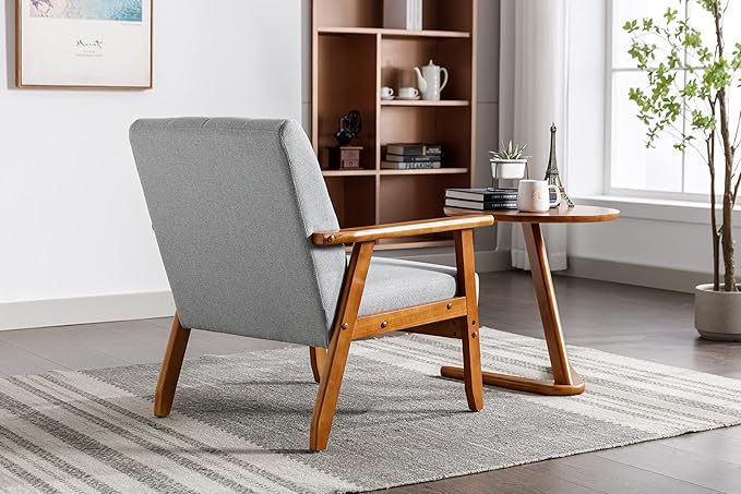 Mid-Century Accent, Modern Single Armchair, Upholstered Leisure Lounge Chair wth Solid Wood Armrest and Feet for Living Room, Bedroom, Office, Gray - LeafyLoom