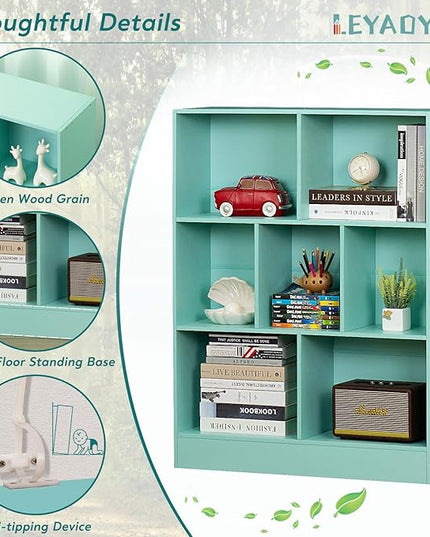 LEYAOYAO 7 Cube Bookshelf with Base,3 Tier Modern Mint-Green Kids Bookcase,Standing Wide Bookshelves Storage Organizer Toy Shelf,Wood Display Children's Book Shelves for Bedroom,Living Room,Nursery - LeafyLoom