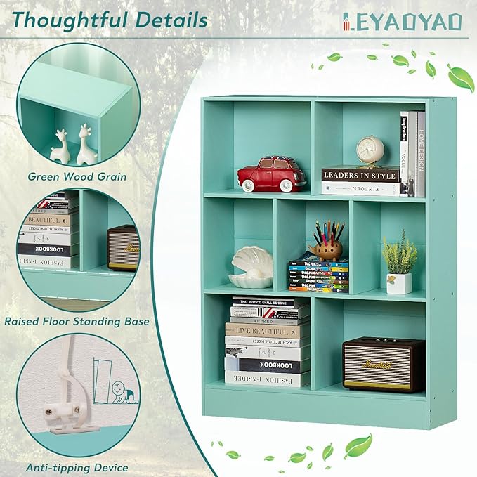 LEYAOYAO 7 Cube Bookshelf with Base,3 Tier Modern Mint-Green Kids Bookcase,Standing Wide Bookshelves Storage Organizer Toy Shelf,Wood Display Children's Book Shelves for Bedroom,Living Room,Nursery - LeafyLoom