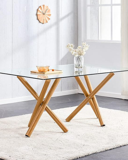 Modern Glass Table with Rectangular Tempered Tabletop,Dinner Desk Set for 6-8 people W, Home,Kitchen,Dining Room,Office,Wood+Clear Finish, 71" Chrome Metal Legs - LeafyLoom
