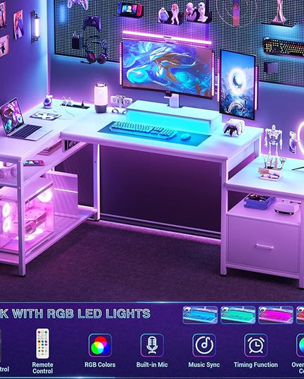 Aheaplus L Shaped Desk with Power Outlet, Standing Home Office Desk with Lift Top and File Drawer, 63'' Corner Computer Desk with Monitor Stand&Printer Shelves, Gaming Desk with Led Lights, White - LeafyLoom