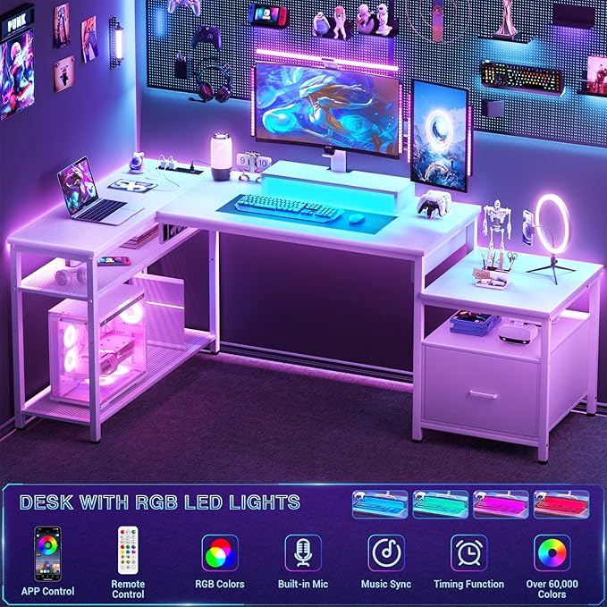 Aheaplus L Shaped Desk with Power Outlet, Standing Home Office Desk with Lift Top and File Drawer, 63'' Corner Computer Desk with Monitor Stand&Printer Shelves, Gaming Desk with Led Lights, White - LeafyLoom