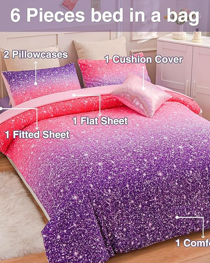 A Nice Night Girls Comforter Set Full 6 Piece Bed in A Bag 3D Colorful Sparkle Galaxy Rainbow Bedding Comforter Sheet Sets for Kids,RedPurple - LeafyLoom