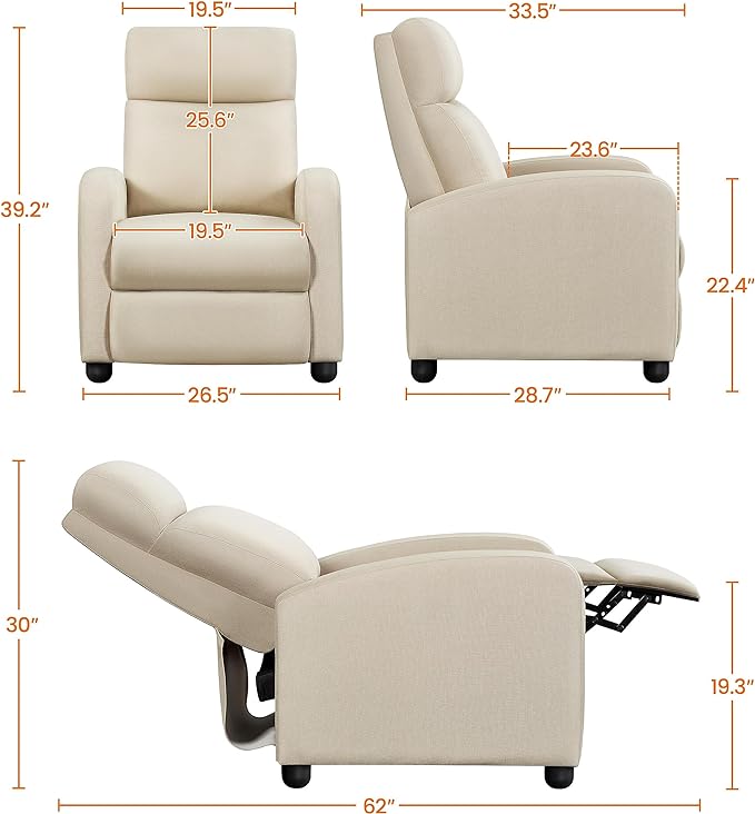 Yaheetech Modern Fabric Recliner Chair Sofa Adjustable Single Sofa with Thicker Seat Cushion and Backrest for Living Room Home Theater, Beige - LeafyLoom