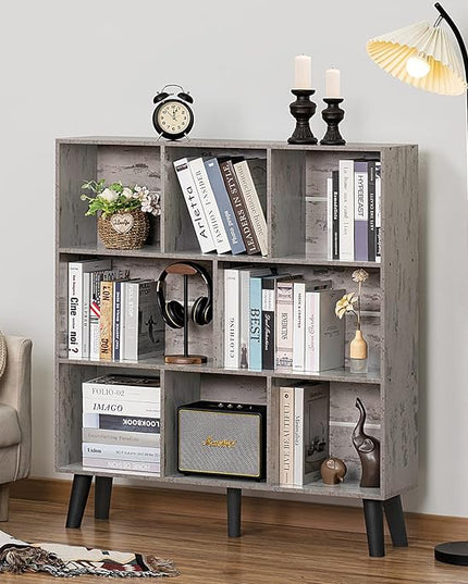 LEYAOYAO 8 Cube Bookshelf,3 Tier Bookcase with Legs,Modern Grey Mid-Century Bookshelves,Large Farmhouse Open Storage Organizer Shelf, Retro Wooden Display Book Case for Bedroom,Living Room,Office - LeafyLoom