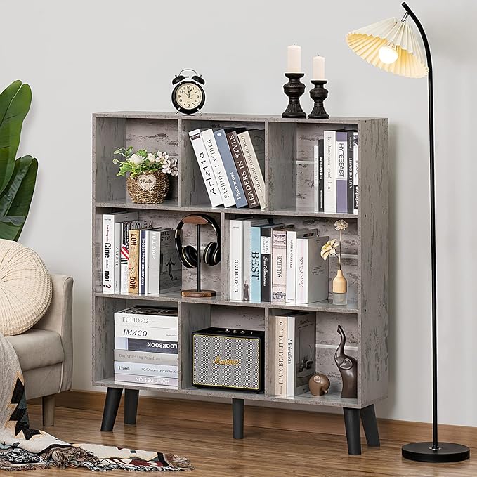 LEYAOYAO 8 Cube Bookshelf,3 Tier Bookcase with Legs,Modern Grey Mid-Century Bookshelves,Large Farmhouse Open Storage Organizer Shelf, Retro Wooden Display Book Case for Bedroom,Living Room,Office - LeafyLoom