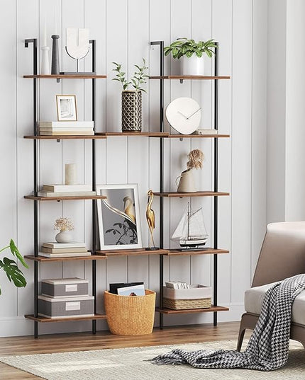 HOOBRO DIY Ladder Shelf, 6-Tier Wooden Wall Mounted Bookshelf, Narrow Bookcase, Display Shelf, Storage Rack, Plant Stand, for Living Room, Bedroom, Study, Balcony, Rustic Brown and Black BF651CJ01 - LeafyLoom