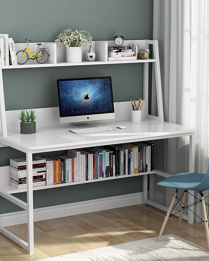 Tribesigns Computer Desk with Hutch, 47 inches Home Office Desk with Space Saving Design with Bookshelf for Small Spaces (All White, 47) - LeafyLoom