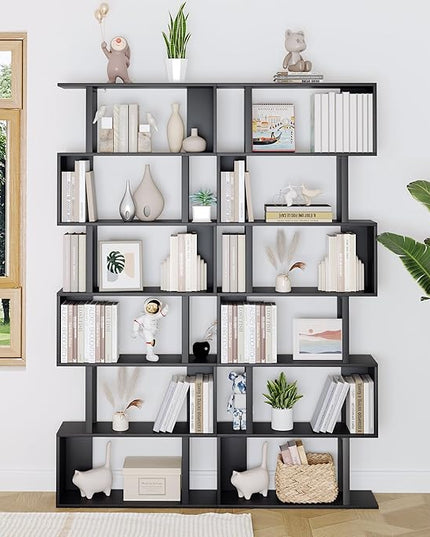Yusong S Shaped Bookshelf, Modern Geometric Bookcase, 6-Tier Black Display Case Book Shelf - LeafyLoom