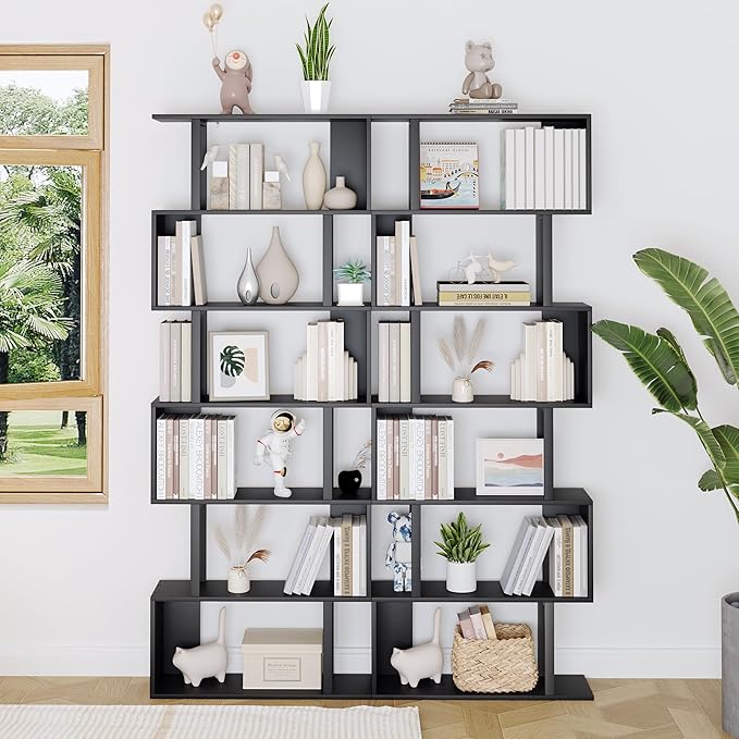 Yusong S Shaped Bookshelf, Modern Geometric Bookcase, 6-Tier Black Display Case Book Shelf - LeafyLoom