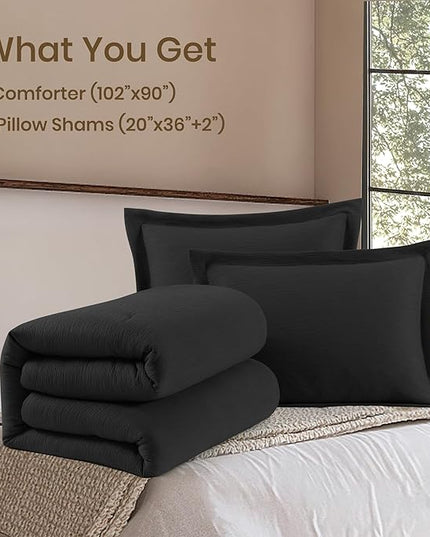 Black King Size Comforter set, Lightweight Comforter for Crinkle Design King Bedding Set, Bed Sets King 3 Piece with Minimalist Comforter & Shams (King, 102"x90") - LeafyLoom