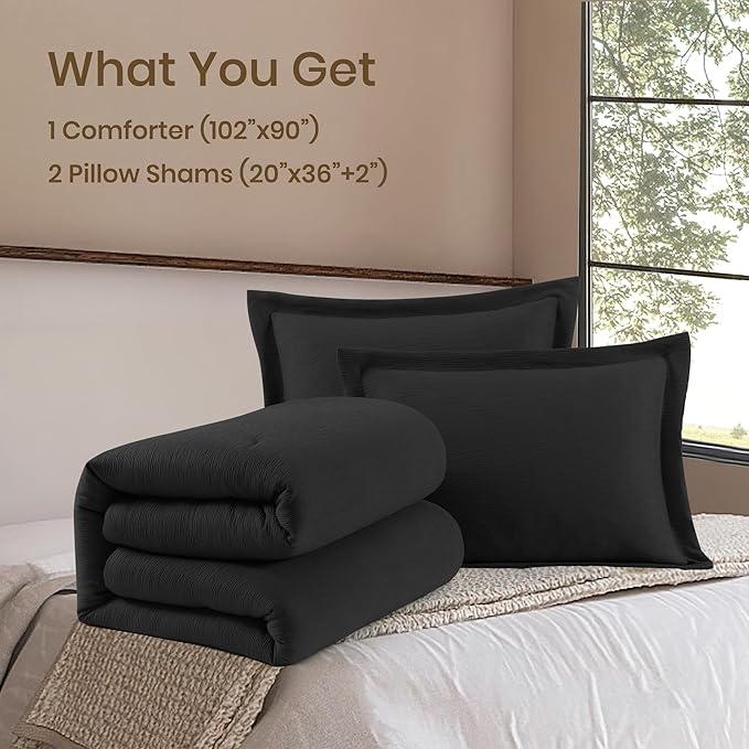 Black King Size Comforter set, Lightweight Comforter for Crinkle Design King Bedding Set, Bed Sets King 3 Piece with Minimalist Comforter & Shams (King, 102"x90") - LeafyLoom