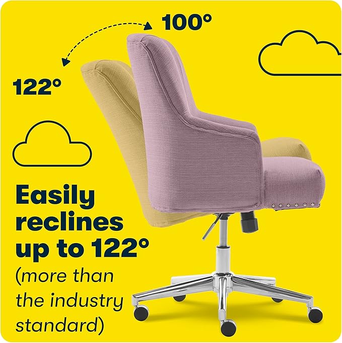 Serta Leighton Modern Office Chair, Stylish Mid-Back Desk Chair, Rivet Detail, Serta Quality Memory Foam, Armchair with Wheels, Vanity Chair, Swivel Chrome Metal Base, Twill Fabric, Lilac Purple - LeafyLoom