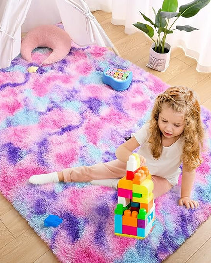 AROGAN Soft Rainbow Area Rugs for Girls Room 6x9 Feet, Fluffy Girls Bedroom Rugs, Princess Rug, Cute Colorful Carpet for Kids Teens Nursery Toddler, Hot Pink - LeafyLoom