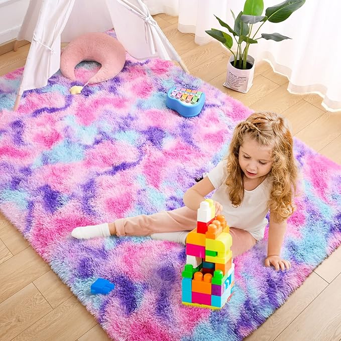 AROGAN Soft Rainbow Area Rugs for Girls Room 6x9 Feet, Fluffy Girls Bedroom Rugs, Princess Rug, Cute Colorful Carpet for Kids Teens Nursery Toddler, Hot Pink - LeafyLoom