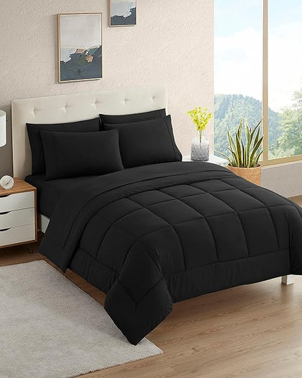 Dorm Room Essentials College Bedding Comforter Set 5 Piece Twin Size Bed in a Bag for College Students Boys and Girls, Twin, Black - LeafyLoom
