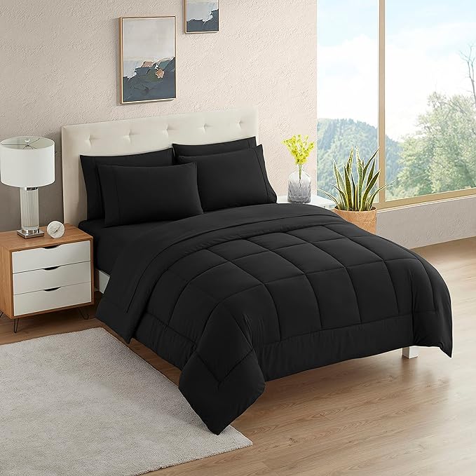 Dorm Room Essentials College Bedding Comforter Set 5 Piece Twin Size Bed in a Bag for College Students Boys and Girls, Twin, Black - LeafyLoom