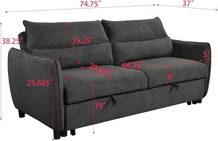 Queen Size Loveseat Sleeper Sofa,3 in 1 Soft Corduroy Upholstered Oversized Convertible Love Seat Sofabed cum Daybed W/Pull Out Sleep Couch Bed and Reclining Backrest for Living Space, 75“, Black - LeafyLoom