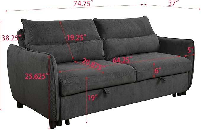 Queen Size Loveseat Sleeper Sofa,3 in 1 Soft Corduroy Upholstered Oversized Convertible Love Seat Sofabed cum Daybed W/Pull Out Sleep Couch Bed and Reclining Backrest for Living Space, 75“, Black - LeafyLoom