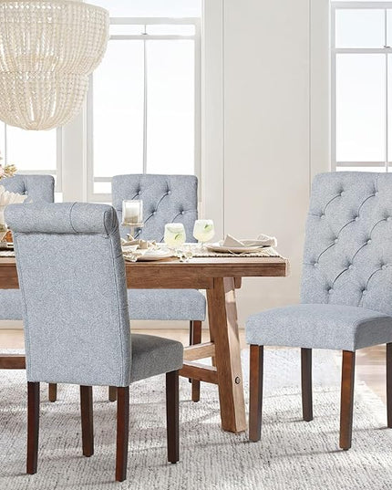 COLAMY Button Tufted Dining Chairs Set of 6, Parsons Upholstered Fabric Dining Room Chairs Kitchen Chairs with Wood Legs and Padded Seat, Blue Fishbone - LeafyLoom