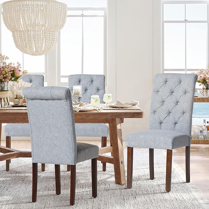 COLAMY Button Tufted Dining Chairs Set of 6, Parsons Upholstered Fabric Dining Room Chairs Kitchen Chairs with Wood Legs and Padded Seat, Blue Fishbone - LeafyLoom