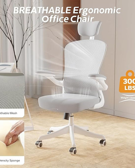 Ergonomic Office Chair Home Desk Office Chair with Flip-Armrest & Cushion for Lumbar Support, high Back Computer Chair with Thickened Cushion Desk Chairs Ngray - LeafyLoom