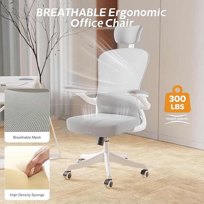 Ergonomic Office Chair Home Desk Office Chair with Flip-Armrest & Cushion for Lumbar Support, high Back Computer Chair with Thickened Cushion Desk Chairs Ngray - LeafyLoom