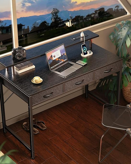 47 inch Computer Desk with 3 Drawers, Office Desk Gaming Desk with LED Lights & Power Outlets, Home Office Desks with Storage Space for Bedroom, Work from Home, Black - LeafyLoom