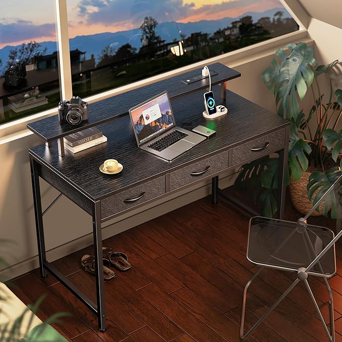 47 inch Computer Desk with 3 Drawers, Office Desk Gaming Desk with LED Lights & Power Outlets, Home Office Desks with Storage Space for Bedroom, Work from Home, Black - LeafyLoom