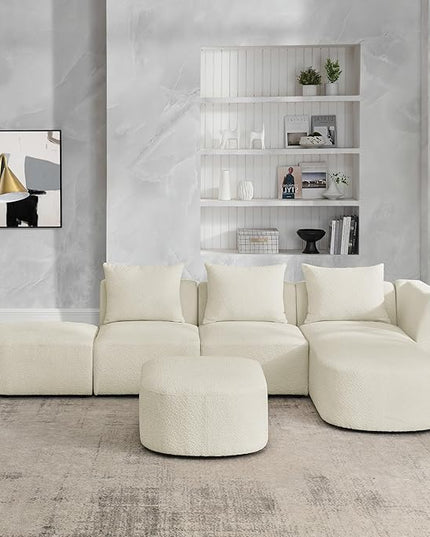 113" L-Shape Sectional Side Chaise and Ottoman, Modular Sofa, DIY Combination, Loop Yarn Fabric for Living Room, Apartment, 113inch, Beige Right - LeafyLoom