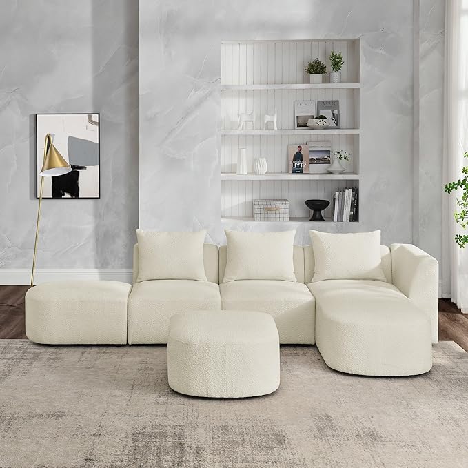 113" L-Shape Sectional Side Chaise and Ottoman, Modular Sofa, DIY Combination, Loop Yarn Fabric for Living Room, Apartment, 113inch, Beige Right - LeafyLoom