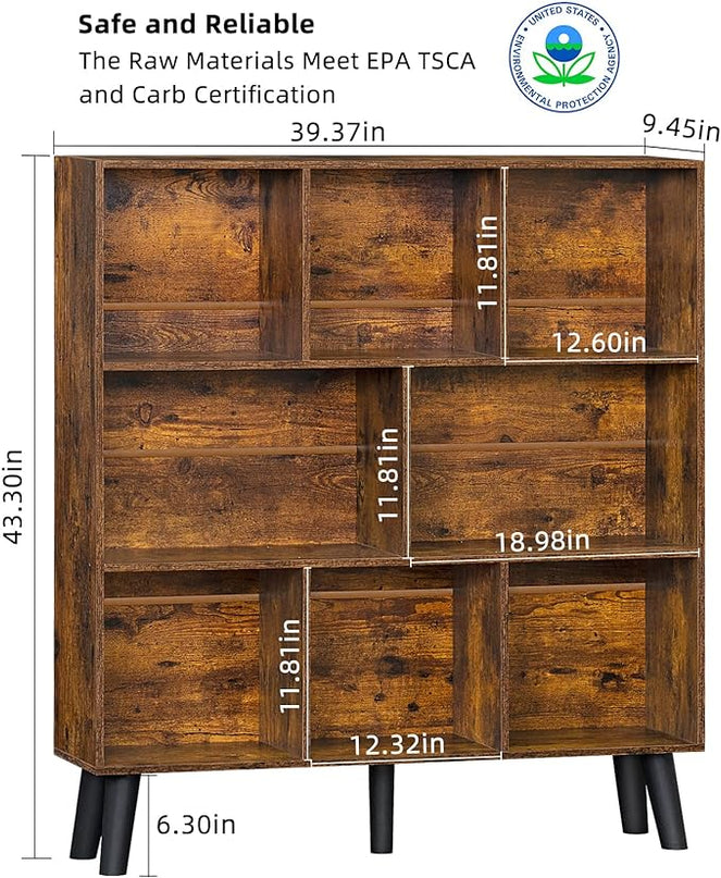 LEYAOYAO 8 Cube Bookshelf,3 Tier Bookcase with Legs,Rustic Brown Mid-Century Modern Bookshelves,Large Open Storage Organizer Shelf, Wooden Book Case - LeafyLoom