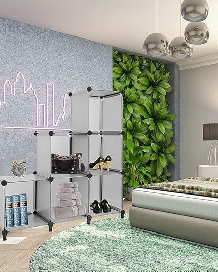 Gold Armour Cube Storage 6-Cube Bookshelf Closet Organizer Storage Shelves Shelf Cubes Organizer Plastic Square Book Shelf Bookcase DIY Closet Cabinet Organizer Shelving for Home Office Bedroom (Grey) - LeafyLoom