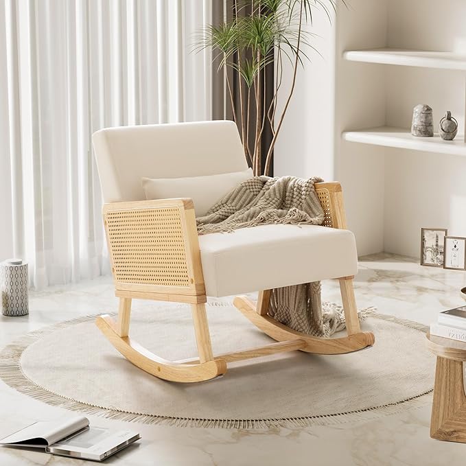 YESHOMY Mid-Century Accent Rocking Chair Set of 2 with Pillow Upholstered with Solid Frame & Breathable Armrest for Living Room, White - LeafyLoom
