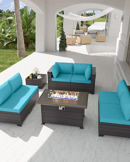 Patio Furniture Set with Fire Pit Table 8 PCS Outdoor Sectional Furniture Outdoor Rattan Patio Conversation Sets with 43in 55,000 BTU Propane Gas Fire Pit Table Glass Table, Blue - LeafyLoom