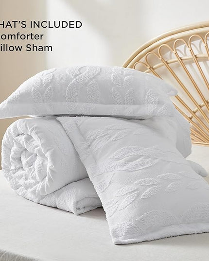 Bedsure Full Size Comforter Set White, Boho Tufted Bedding Comforter Set, Farmhouse Jacquard Cable Knit Pattern Bed Set, 3 Pieces, 1 Shabby Chic Fluffy Comforter & 2 Pillow Shams - LeafyLoom