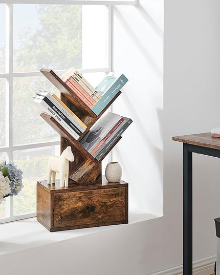 4 Tier Tree Bookshelf with Drawer, Small Tree Bookcase, Table Top Book Shelf Organizer Shelves for Living Room, Bedroom, Home Office, Rustic Brown - LeafyLoom