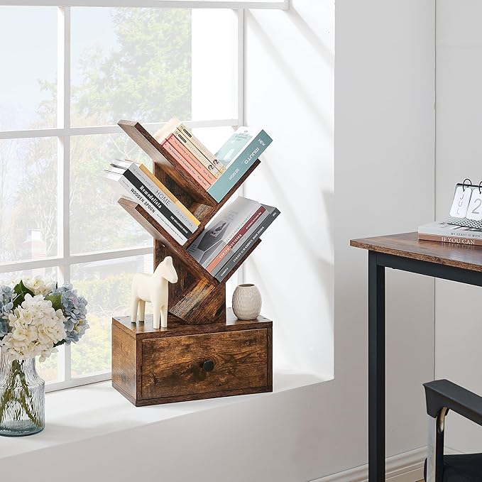 4 Tier Tree Bookshelf with Drawer, Small Tree Bookcase, Table Top Book Shelf Organizer Shelves for Living Room, Bedroom, Home Office, Rustic Brown - LeafyLoom