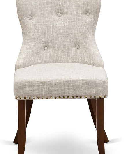 East West Furniture AMSI3-MAH-35 Antique 3 Piece Room Set Contains a Round Kitchen Table with Pedestal and 2 Doeskin Linen Fabric Parson Dining Chairs, 36x36 Inch - LeafyLoom