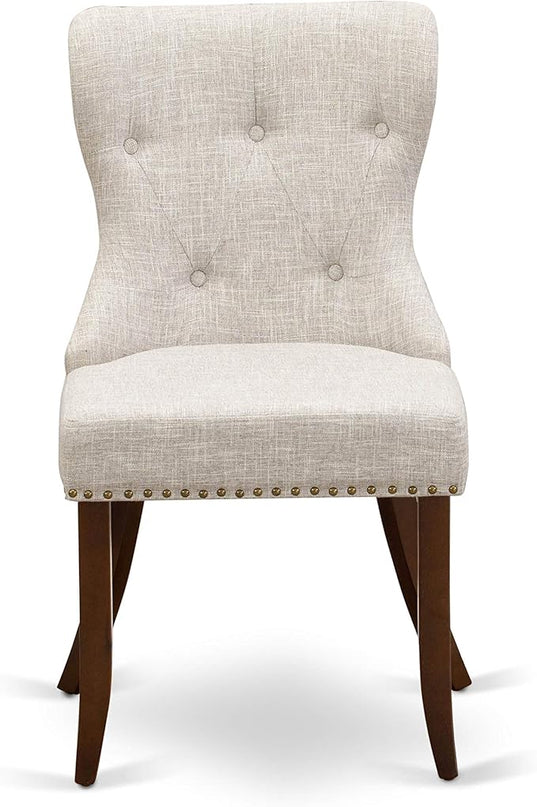 East West Furniture AMSI3-MAH-35 Antique 3 Piece Room Set Contains a Round Kitchen Table with Pedestal and 2 Doeskin Linen Fabric Parson Dining Chairs, 36x36 Inch - LeafyLoom