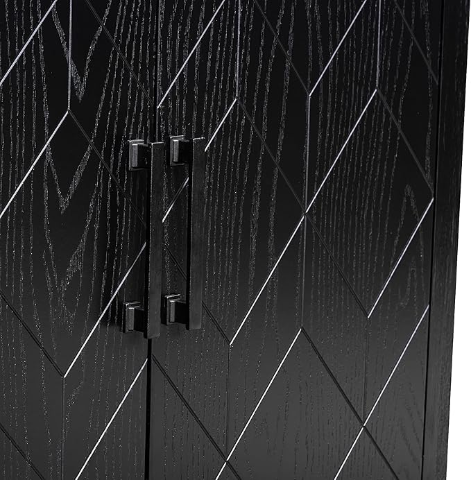 60" 4 Door Retro Sideboard with Adjustable Shelves,Wood Diamond-Shaped Lattice Pattern Storage Buffet Cabinet,w/ 4 Long Handle,for Living Dining Room,Black - LeafyLoom