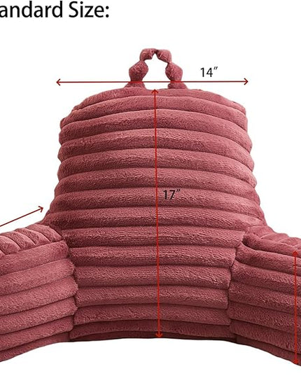 WERDIM Reading Pillow for Sitting in Bed, Faux Fur Back Pillow for Bed Rest, Bed Chair Pillow with Arms and Pockets(Standard, Dusty Rose) - LeafyLoom