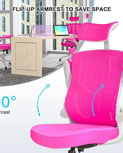 𝑯𝑶𝑴𝑬 𝑶𝑭𝑭𝑰𝑪𝑬 𝑪𝑯𝑨𝑰𝑹, Ergonomic Mesh Desk Chair, High Back Computer Chair- Adjustable Headrest with Flip-Up Arms, Lumbar Support, Swivel Executive Task Chair (Modern, Neon Pink) - LeafyLoom