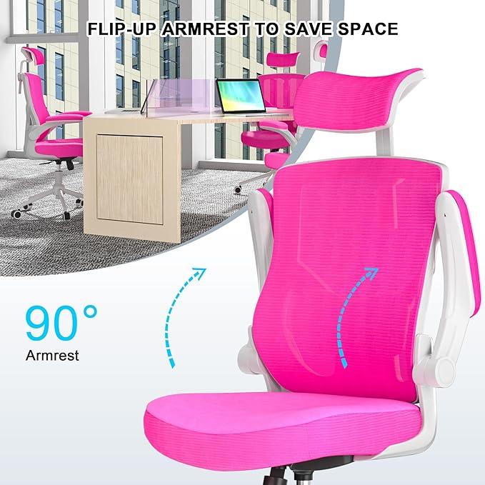 𝑯𝑶𝑴𝑬 𝑶𝑭𝑭𝑰𝑪𝑬 𝑪𝑯𝑨𝑰𝑹, Ergonomic Mesh Desk Chair, High Back Computer Chair- Adjustable Headrest with Flip-Up Arms, Lumbar Support, Swivel Executive Task Chair (Modern, Neon Pink) - LeafyLoom