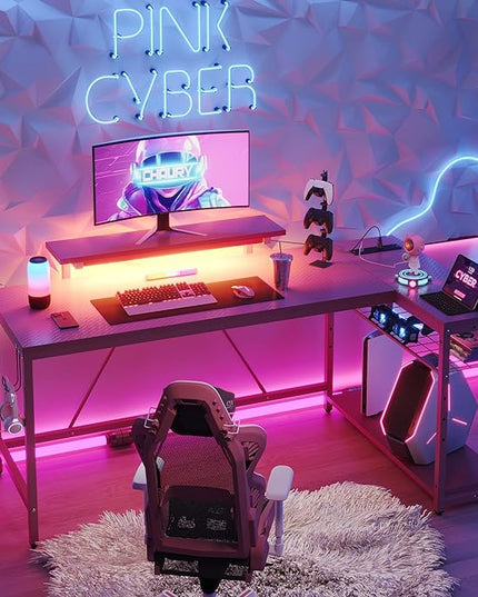 Bestier L Shaped Gaming Desk with Power Outlets,58 LED Small Corner Desk with Reversible Storage Shelves,Pink Computer Desk with Headset Hooks Desk for Living Room and Dormitory - LeafyLoom