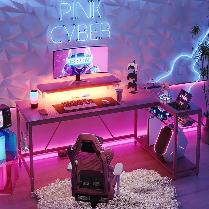 Bestier L Shaped Gaming Desk with Power Outlets,58 LED Small Corner Desk with Reversible Storage Shelves,Pink Computer Desk with Headset Hooks Desk for Living Room and Dormitory - LeafyLoom