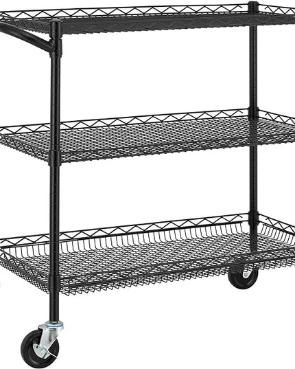 Finnhomy 3 Tier Heavy Duty Commercial Grade Utility Cart, Wire Rolling Cart with Handle Bar, Steel Service Cart with Wheels, Kitchen Carts on Wheels, Metal Cart Shelf Size 18" D x 36" W, NSF, Black - LeafyLoom