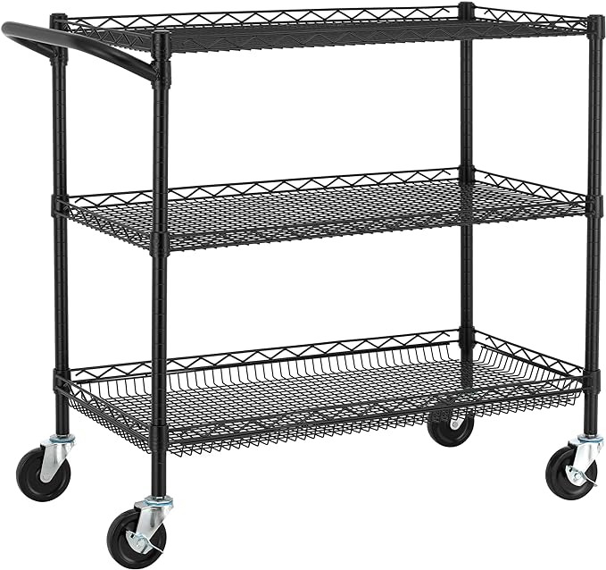 Finnhomy 3 Tier Heavy Duty Commercial Grade Utility Cart, Wire Rolling Cart with Handle Bar, Steel Service Cart with Wheels, Kitchen Carts on Wheels, Metal Cart Shelf Size 18" D x 36" W, NSF, Black - LeafyLoom